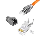 SatShop-FT Cat7 Netzwerkstecker RJ45 Crimp Stecker 10x Netzwerk Modular mit Zugentlastung Knickschutz Tülle Einführhilfe für Verlegekabel Cat 7 Cat6a Cat6 AWG23 8 polig Plug (10x, RJ 45)