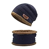 Tabanlly Mütze, Schal, 2-teiliges Set, für Herren und Damen, warm, gestrickt, mit dickem Fleece gefüttert Gr. Hütte + Schal, dunkelb