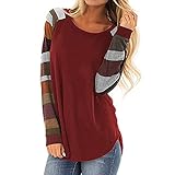 AllinKlei Damen Patchwork Colorblock Langarmshirt lässiges lockeres Rundhalshemd Slim Fit leichtes Raglan Pullover Sw