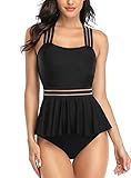 Misolin Damen Tankini 2 Stück Bademode Push Up mit hoher Taille Schwarz M