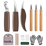 Holz Schnitzwerkzeug Set, 10 in 1 Schnitzmesser Set mit 6*Messer Schnitzen Stechbeitel, Schnittfeste Handschuhe, Ölwachs, Polierband, Aufbewahrungstasche, Ideales Schnitzset für Anfäng