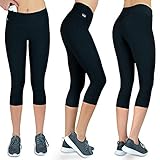 Formbelt Laufhose Damen 3/4 kurz, Sportleggins 3 4 Damen mit Handytasche high Waist Tights mit Taschen Dreiviertel Capri Sport Leggings schwarz, L