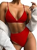 HollyMe Damen Sexy V-Ausschnitt Badeanzüge Hohe Taille Push Up Leopard Bikini Set Rot Bauchweg Badeanzug, rot, M