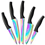SiliSlick Messerset, 5 Scharfe Küchenmesser als Set zum Kochen, Hochwertige Klingen aus Edelstahl, Titanbeschichtung mit Regenbogeneffekt, Ergonomische Griffe, Schwarzer G