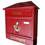 Naturholz-Schreinermeister Großer Briefkasten/Postkasten XXL Rot/Matt mit Zeitungsrolle Zeitungsfach Schrägdach Trap
