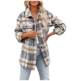 Damen Taschenjacke Karomuster Langarm Flanell Revers Jacken Mäntel Hemdjacke Karierte Shacket Hemd Bluse Elegant Mantel Jacke Shirts Herbst Winter Casual Oversized Knöpfen Lang