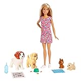 Barbie FXH08 - Hundesitterin, blond, Spielset mit 4 Hunden, mit einem Häufchen machenden und einem Pipi machenden Hund, mit Farbwechsel-Papier +mehr, Geschenk für Kinder im Alter von 3 bis 7 J