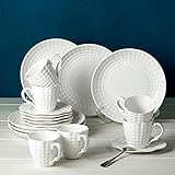 suntun Kaffeeservice 6 Personen, 18 teilig Porzellan Weiß Kaffeegeschirr Set mit je 6 Kuchenteller, 6 Kaffeetassen 175ml, 6 Untertasse, Modern Relief G