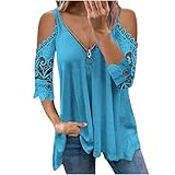 PWKNRD Damen Oberteile Lässiges Tunika Tops Sexy Schulterfrei Tshirt Spitze Kurzarm V-Ausschnitt Mode Bluse Tops Jumper mit Reißverschluss Streetwear Einfarbig Elegant Long
