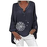 Kobay Damen Winter Mantel Oberteile Elegant Langarmshirt Frauen Plus Size Frauen Langarm Blumendruck Lose V-Ausschnitt Hemd Bluse Top(Marine, M)