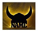 Schlummerlicht24 3d Led Lampe Wikinger Helm Deko aus Holz mit Name-n personalisiert Wand-Tattoo Geschenk-e für Erwachsene Freund-in Frauen Frau Männer im Kinder-Zimmer S