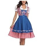 Damen midi Trachtenkleid Damen Trachtenrock Trachtenmode Kleid Dirndlbluse für Oktoberfest (Blau-2, L)