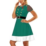 Damen Tunika Kleid Weihnachten Kurzarm Rundhals Plissee Midikleid Festival A-Linie Kleid Party Dress Up Kostüm, Grüner Stern, M