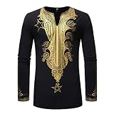 ZDDHOODY Herrenhemd T-Shirts Hoher Rundhals Herren Casual Bluse Retro Grafik Bedrucken Langarm Ethnisches Hemd Herren Slim Fit Oberteile Lange Ärmel Blouson Ethnischer Drucken Shirt H