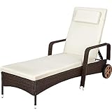 tectake 800790 Rattan Sonnenliege mit Rädern, Alu Gartenliege, höhenverstellbare Lehne, Relaxliege für Garten, Balkon, Terrasse, Outdoor Liege inkl. Auflage -diverse Farben- (Mixed Braun | Nr. 403503)