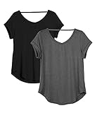 icyzone Damen Rückenfrei Yoga T-Shirt Kurzarm Sport Freizeit Tops Lose lässiges V-Ausschnitt Shirt, 2er Pack (L, Schwarz/Dunkelgrau)