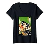 Damen Kunichika Japanischer Krieger mit Schwertern, Holzschnitt T-Shirt mit V