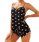 Damen Pyjama Set Sexy Ärmellos V-Ausschnitt Strapsen Bluse Tank Top und Kurz Hosen 2 -TLG Schlafanzug Kostüm mit Herzenmuster Teenager Mädchen Frauen Casual Bequemer Homewear Sleepwear O