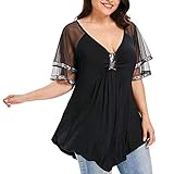 Plus Size T-Shirt Frau O-Ausschnitt Kurzarm Tops Casual Einfarbig Spitze Pailletten Patchwork Pullover Unregelmäßiger Saum Lose Tunika Bluse(XXXXL,Schwarz)