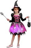 GXFC Hexen Kostüm Kinder Mädchen Halloween kostüm Zauberin Hexenkostüm Für Kinder Set Langarm Hexenkleid & Hexenhut & Bonbontüte & Zauberstab für Fasching Cosplay Party