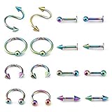 EFGUFHC 16 PC/Satz Circular Barbell Hufeisenkurve Spike Edelstahl-Körper-Piercing-Schmuck Bar Lippen Nase Ringe Nabel Nagel All-Match (Metal Color : Multicolor)