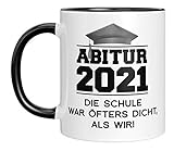 TassenTicker - 'Abi 2021. Die Schule war öfters dicht als wir' - Abi - Geschenk zum Abitur - Geschenkidee - Spühlmaschinenfest - Tasse zum Abitur - verschenken (Schwarz)