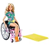 Barbie GRB93 - Fashionistas Puppe mit Rollstuhl und langen blonden Haaren, Jumpsuit mit Tropenmuster, orangenen Schuhen und Zitronen-Gürteltasche, Spielzeug für Kinder von 3 bis 8 J