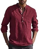 AUDATE Männer Shirt Langarm Leinenhemd Herren Hemd Leinen Baumwolle Freizeithemden Wein rot M
