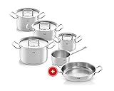 Fissler pure-profi collection / Edelstahl-Topfset + Gratis Servierpfanne , 5-teilig, Töpfe mit Metall-Deckel (3 Kochtöpfe, 1 Bratentopf, 1 Stielkasserolle) – Induk