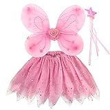 EQLEF Fee Kostüm Mädchen, Prinzessin Fee Kostüm Fee Schmetterlingsflügel für Mädchen Tutu Flügel festgelegt - Set von 3 (Rosa)