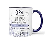 Sunnywall® Opa Tasse personalisiert liebevoll gestalteter Keramik Kaffeebecher Lieblingstasse Geburtstags-Tasse Geschenk-Tasse inkl. gratis Geschenkkarte Opas Glühwein. (Tasse blau)