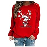 Weihnachten-Sweatshirt Damen Teenager Mädchen Rote Nase Rentier Hirsche Aufdruck Weihnachtspullover-Weihnachtspulli-Shirt Xmas Pullover-Pulli-Top