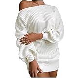 GFGHH Damen Sexy Schulterfrei Pullover Kleid Langarm Strickkleid One Shoulder Off Strick Pulli Herbst/Winter Strickkleider Casual Minikleid Einfarbig Lose Stretch Frauen Knielanges Pulloverk