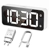 HERMIC Wecker, Digitaler Wecker mit Dual Alarm Snooze, LED Digitale Uhr Ohne Ticken mit Helligkeit und Lautstärke Regelbar, Reisewecker mit USB Ladeanschluss, 16 Musik, 12/24 Stunden, Netzbetrieb