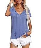YUTILA T-Shirt Damen V-Ausschnitt Kurzarm Oberteile Sommer Casual Baumwolle Blusen Shirt Tops, A-Blau, M