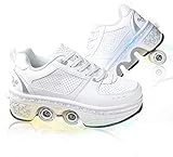 2-In-1 Schuhe Sportschuhe Rollschuhe Mädchen Quad Roller Skates Damen Multifunktionale Deformation Schuhe Für Mädchen Unsichtbare Schuhe Fersenroller Kinder,White+Silver,38