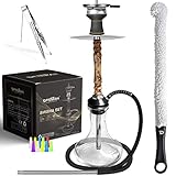 DFESKAN Shisha Set Edelstahl - Hookah Komplettset 70cm Wasserpfeife | Holz Rauchsäule | Silikonschlauch & Edelstahl-Mundstück | Kaminaufsatz & Glaskopf | Reinigungsset Bü