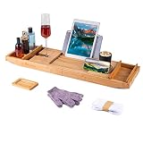 Badewannenablage Bambus, ausziehbar 75-110 cm mit Seifenschale, Handschuhe und Gesichtstuch. Badewannentablett mit Halterungen für Kerzen, Getränke, iPads, Handy für Exquisite Badeerleb