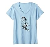 Damen On the Phone Sexy Big Titty Lingerie Pinup Girl T-Shirt mit V