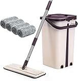 WHMWPB Squeeze Flache Mopp, 1 Eimer, nass trockener Bodenreinigung Handfrei, 4 Wiederverwendbare Moppleister, Edelstahlg