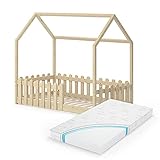 VitaliSpa Kinderbett Hausbett Jugendbett Sonja 80x160 cm Rausfallschutz (Natur Lack + Matratze)