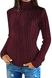 Damen Rollkragen Langarm Strickpullover Sweater Chunky Warm Pullover Sweater Tops, weinrot, 48