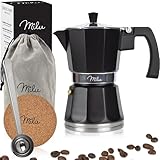 Milu Espressokocher Induktion geeignet | 3, 6, 9 Tassen| Aluminium Mokkakanne, Espressokanne, Espresso Maker Set inkl. Untersetzer, Löffel, Bürste (Schwarz, 6 Tassen (300ml)