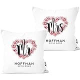 SpecialMe® Mr & Mrs Partner Kissen-Bezüge 2er Set personalisiert mit Namen als Geschenk zur Hochzeit mit Herz aus Blumen Blumen Herz weiß 40cm x 40