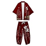 CHUIKUAJ Kimono Jacke Männer Japanische Haori Strickjacke Harem Hosenanzug/Cartoon Tiger Retro Print Freizeithose/Lose Plus Size Streetwear,Red-XS