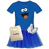 T-Shirt Krümelmonster mit Keks Kostüm Set + Tütü Tüllrock Karneval Damen XS - 3XL Fasching Verkleidung Gruppen Rosenmontag Sesamstraße, Größenauswahl:2XL, Setauswahl:Premium Set (Handschuhe+Beutel)