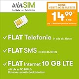 Handyvertrag winSIM LTE All 10 GB - ohne Vertragslaufzeit (FLAT Internet 10 GB LTE mit max. 50 MBit/s mit deaktivierbarer Datenautomatik, FLAT Telefonie, FLAT SMS und EU-Ausland, 14,99 Euro/Monat)