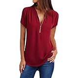 BUKINIE Damen-Sommer-Bluse mit V-Ausschnitt, Reißverschluss, einfarbig, lockere Passform, Reißverschluss, kurzärmelig, Tunika, legere T-Shirts, Chiffon-Bluse, wein, XXXXL