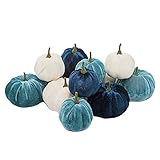 Set von 12 Faux Assorted Samt Kürbisse Dekorative Petrol Blau Grün Grau Elfenbein Stoff Kürbisse Schaumkürbisse für Bauernhaus Herbsthochzeit Thanksgiving Halloween Tischdekoration Kaminsims Küchendek