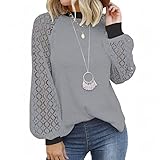 Bluse Damen Langarm Blusen Langarm Blusehemd Casual Rundkragen Langarm Spitze Spleißen Taschen Langarmshirt Bluse Loose Oberteile Tops Shirts für Frauen Freizeithemd Bluse Hemden Langarm Top